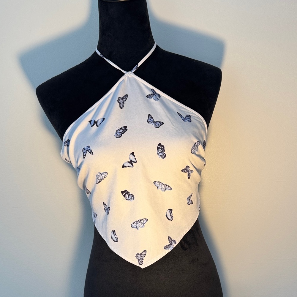 H&M Butterfly Print Halter Crop Top - White